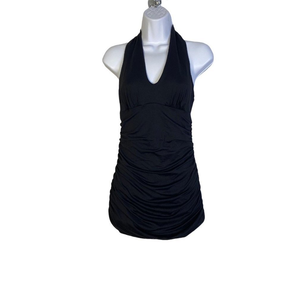 Susana Monaco Women's Black Sleeveless Halter Rouched Mini Dress Size US M